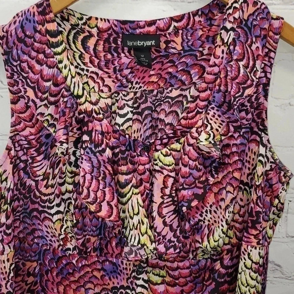 Lane Bryant Pink Multicolor Peacock Pattern Ruffle Sleeveless Size 14 - Picture 2 of 8
